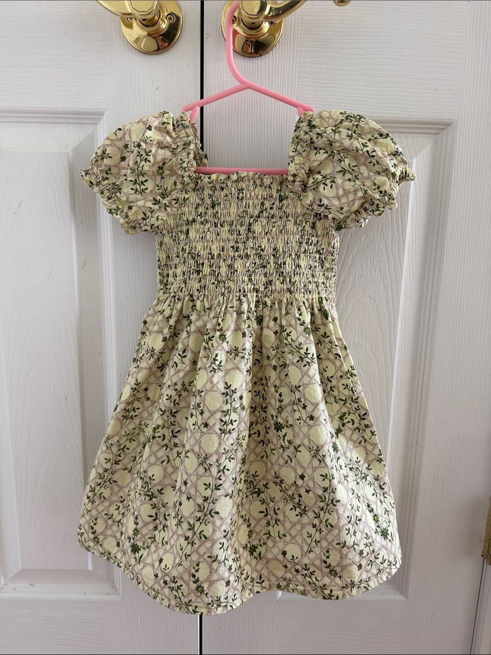 Smocked Puff Sleeve Floral Dress in Cream and Green
